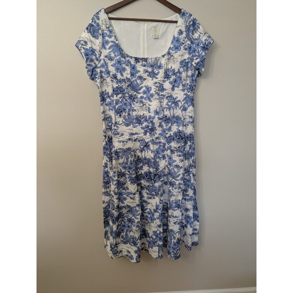 Joie Women's Tropical Midi Dress Stretch Cotton Blue White Square Neck 12 NWOT
